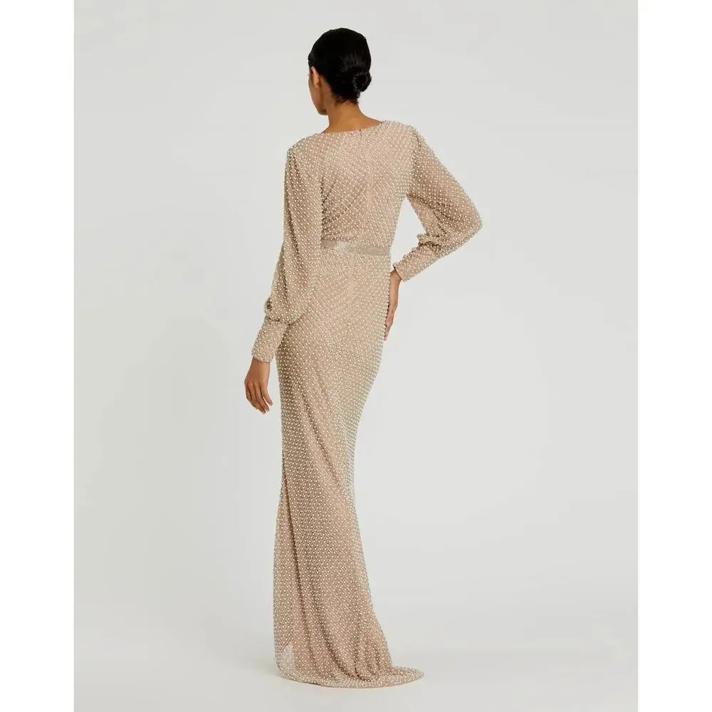 Mac Duggal 10062 Beige Size 4 Wrap Over Pearl Gown Beaded Bishop Sleeves NWT - Picture 4 of 16